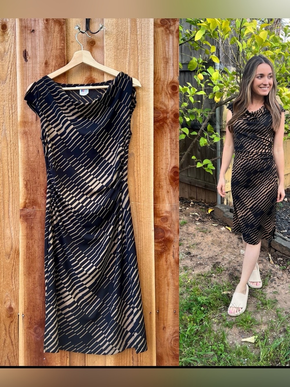 Vintage Black and Tan Geometric Cowl-Neck Dress 🪴